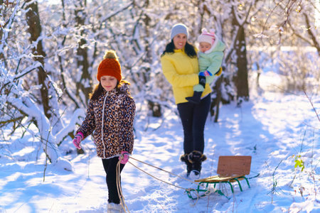 family portrait in the winter forest, mother and children, bright sunlight and shadows on the snow, beautiful nature.の写真素材