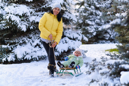 family portrait in the winter forest, mother and child looks on snow, bright sunlight and shadows on the snow, beautiful nature.の写真素材