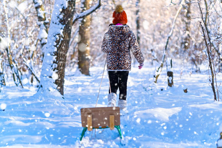 child girl sitting on a sled and tasting the snow in a winter forest, bright snowy fir trees, beautiful nature.の写真素材