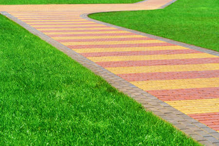 walkway made of paving slabs and green grass as a background, bright sunlight