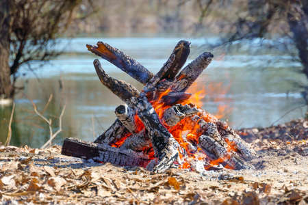 bonfire burning on the river bank, bright sunny day, beautiful nature, travel, hiking and camping...
