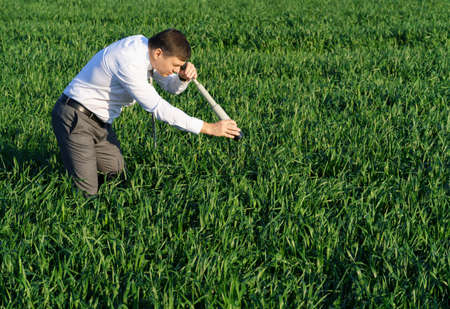 businessman works in a green field, freelance and business concept, green grass and blue sky as...