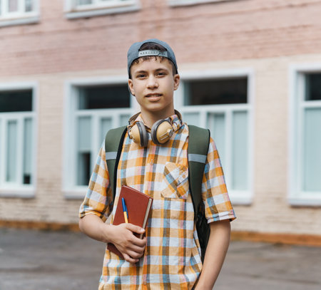teen boy portrait on the way to school, education and back to school conceptの写真素材