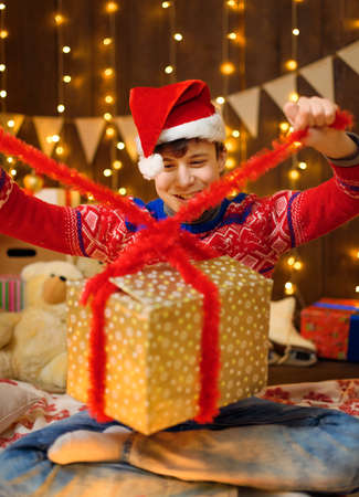 Portrait of a boy in new year decoration. He poses and drinks tea. Holiday lights, gifts and christmas tree decorated with toys.の写真素材