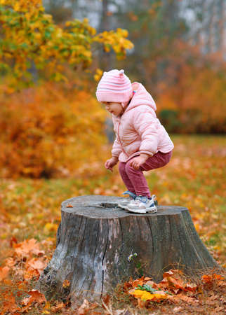 Child girl walking in autumn city park. Beautiful nature, trees with yellow leaves.の写真素材