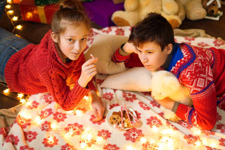 Portrait of a boy and girl in New Year decoration. They open a box, take out the sled and have fun. Holiday lights, gifts and a Christmas tree decorated with toys.の写真素材
