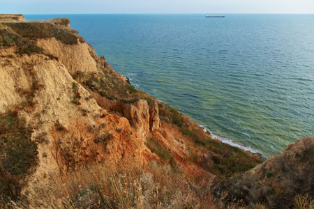 beautiful seascape, sea, waves, view from high hillsの写真素材