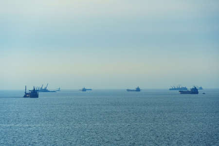 ships at sea, seascape with blue skyの写真素材