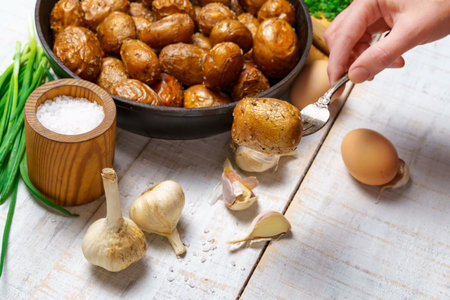 a hand takes fried potatoes from a frying pan, next to other natural products - garlic and green onions, farm eggs and salt, whole cooked food in a rustic styleの写真素材