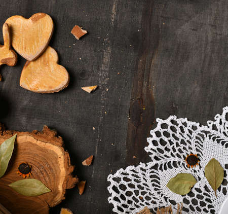 abstract holiday still life and decorations on a dark wooden background