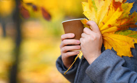 portrait of a woman in autumn city park, posing with yellow leaves, covered with a warm shawl, bright sunny dayの写真素材
