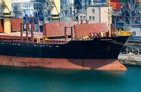 industrial seaport infrastructure, sea, cranes and dry cargo ship, grain silo, bulk carrier vessel and grain storage elevators, concept of maritime cargo transportationの写真素材