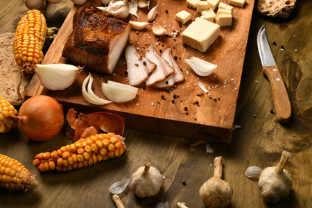 still life of food in a rural style on a dark wood background, sliced lard and garlic, cheese, corn and onion, concept of fresh vegetables and healthy foodの写真素材