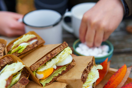 picnic in the autumn season, food on a wooden table, hot tea, pastries and sandwichesの写真素材