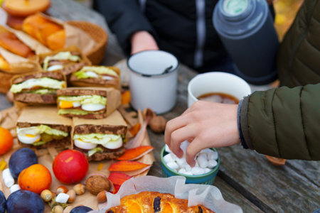 picnic in the autumn season, food on a wooden table, hot tea, pastries and sandwichesの写真素材