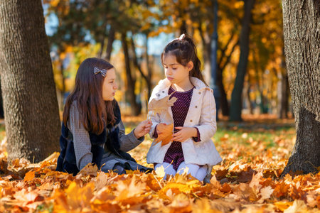 two girls are sitting in a glade of yellow maple leaves in an autumn city park, children are playing and enjoying, picking leaves near a tree, beautiful nature, bright sunny dayの写真素材