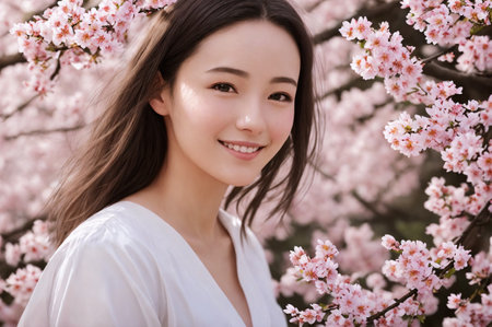 Portrait of a beautiful woman on a background of sakura blossoms. Generative AI.の素材