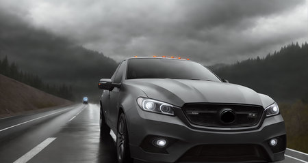 A car is driving down the road. Dark dramatic landscape as background, gloomy sky with rainy clouds, forest and hill. Generative AI.の素材