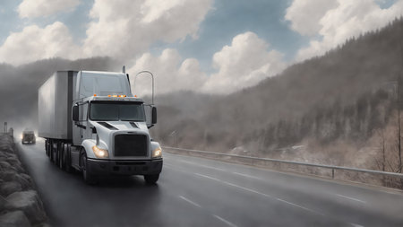 A truck is driving on the road. Dark dramatic landscape as background, gloomy sky with rainy clouds, forest and hill. Generative AI.の素材