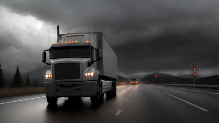 A truck is driving on the road. Dark dramatic landscape as background, gloomy sky with rainy clouds, forest and hill. Generative AI.の素材