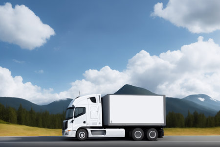 A white truck is driving on the road. Clean and empty space in the side view. Beautiful summer landscape as background, blue sky with clouds, forest and hill. Generative AI.の素材