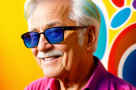 Portrait of an elderly caucasian man on colorful background, summer brightness. Generative AI.の素材
