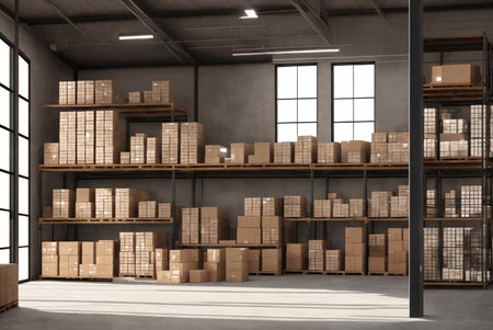 Industrial warehouse, racks with boxes. Generative AI.の素材