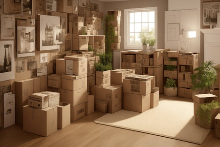 A lot of cardboard boxes in a room next to the furniture, a wall with lots of pictures, interior. Generative AI.の素材