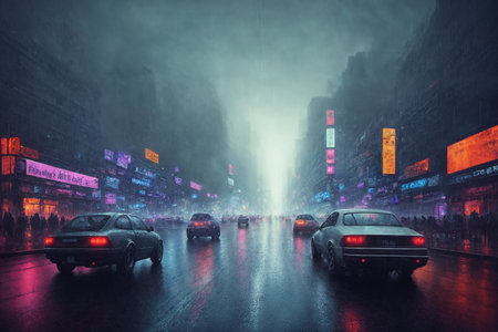 The street of the night city, a futuristic city in the rain, skyscrapers, cars and random people, in the fog. Generative AI.の素材