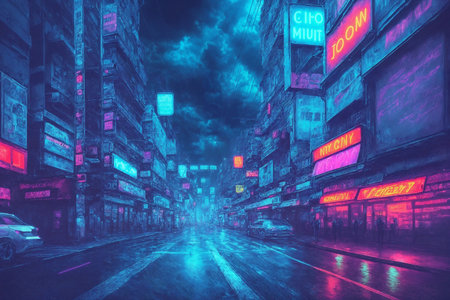The street of the night city, a futuristic city in the rain, skyscrapers, cars and random people, in the fog. Generative AI.の素材