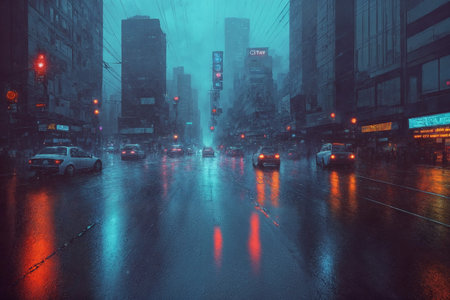 The street of the night city, a futuristic city in the rain, skyscrapers, cars and random people, in the fog. Generative AI.の素材