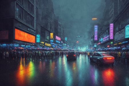 The street of the night city, a futuristic city in the rain, skyscrapers, cars and random people, in the fog. Generative AI.の素材