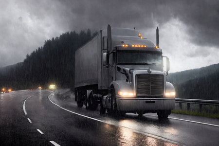A truck is driving on the road. Dark dramatic landscape with forest as background, gloomy sky, rainy clouds. Generative AI.の素材