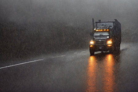 A truck is driving on the road. Dark dramatic landscape with forest as background, gloomy sky, rainy clouds. Generative AI.の素材