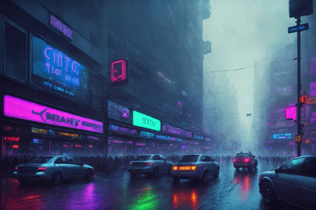 The street of the night city, a futuristic city in the rain, skyscrapers, cars and random people, in the fog. Generative AI.の素材