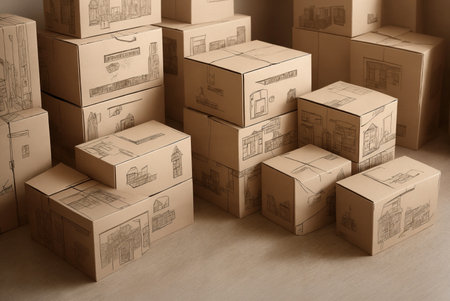 A stack of cardboard boxes, a lot of objects. Generative AI.の素材