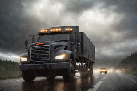 A truck is driving on the road. Dark dramatic landscape with forest as background, gloomy sky, rainy clouds. Generative AI.の素材