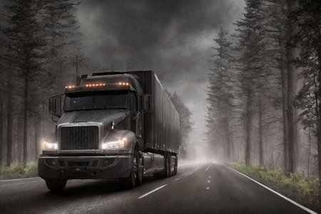 A truck is driving on the road. Dark dramatic landscape with forest as background, gloomy sky, rainy clouds. Generative AI.の素材