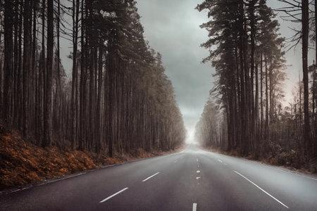 Dark dramatic road, landscape with forest as background, gloomy sky, rainy clouds. Generative AI.の素材