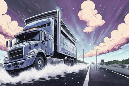 A truck driving down the road. Landscape with forest in the background, cloudy sky, painted style. Generative AI.の素材