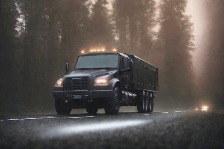 A truck is driving on the road. Dark dramatic landscape with forest as background, gloomy sky, rainy clouds. Generative AI.の素材