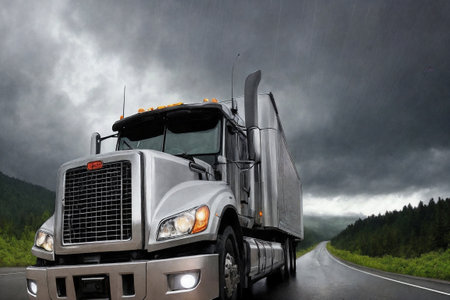 A truck is driving on the road. Dark dramatic landscape with forest as background, gloomy sky, rainy clouds. Generative AI.の素材