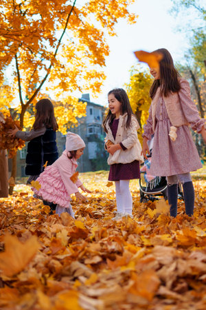 portrait of a big family in autumn city park, happy children and parents playing together and...