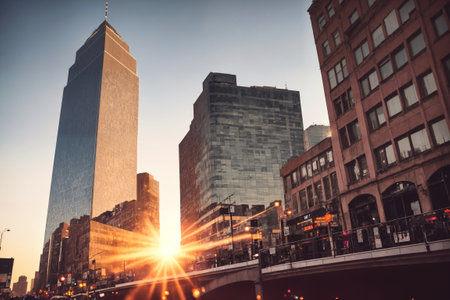 City street with sunset view, skyscrapers and street lights. Generative AI.の素材