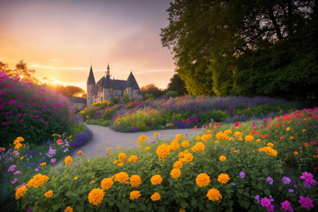 Flower garden, flowerbed close-up near old house, landscaping, beautiful nature in summer. Generative AI.の素材