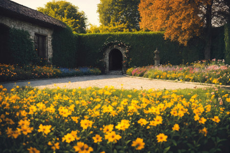 Flower garden, flowerbed close-up near old house, landscaping, beautiful nature in summer. Generative AI.の素材
