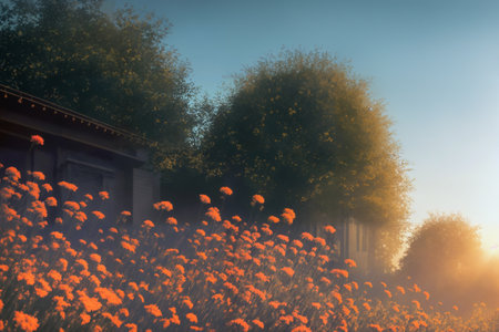 Flower garden, flowerbed close-up near old house, landscaping, beautiful nature in summer. Generative AI.の素材