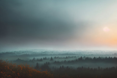 Sunrise in a foggy forest, sunlight through the haze, beautiful morning landscape. Generative AI.の素材