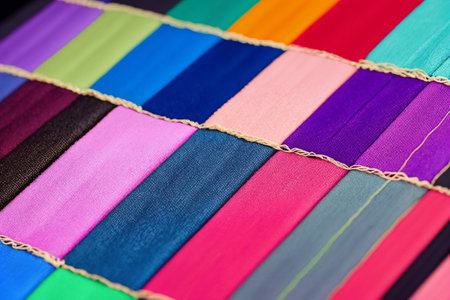 Stitched pieces of multicolored fabric as a background. Generative AI.の素材