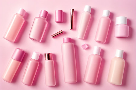 A perfume or a bottle for cosmetics on a pink background. Generative AI.の素材